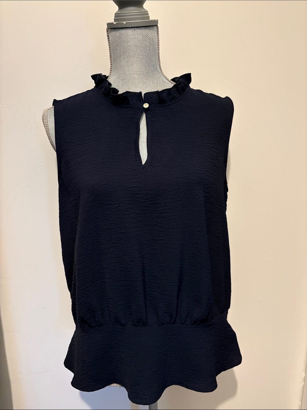 Tommy Hilfiger Navy Sleeveless Ruffle Neck Peplum Blouse